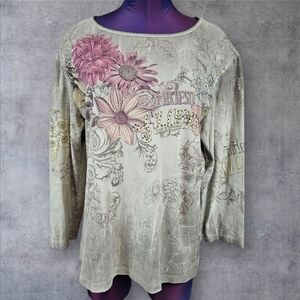 Vintage Mona Lisa Mint Green Majesty Florist Y2K 3/4 Sleeve Tee‎ Shirt Large T38